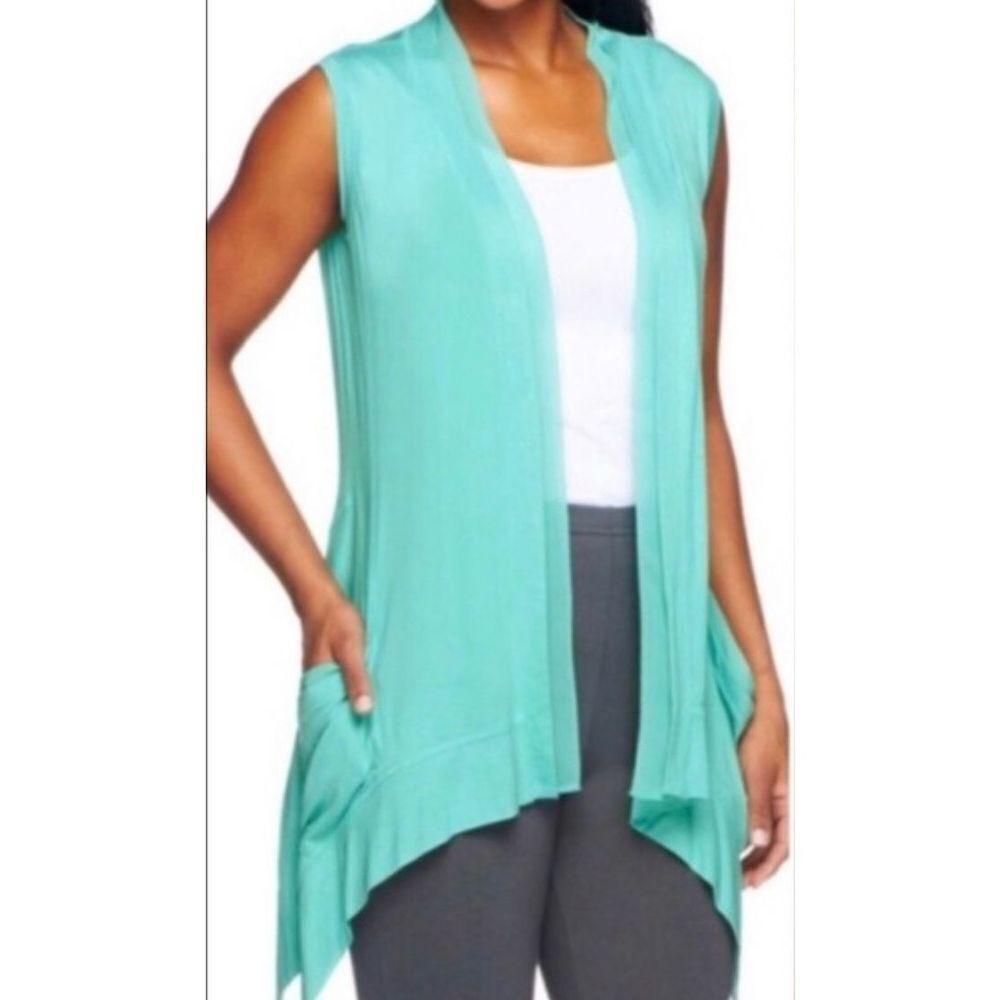 LOGO Lori Goldstein - Teal Blue Open Front Sleeveless Cardi sz Medium